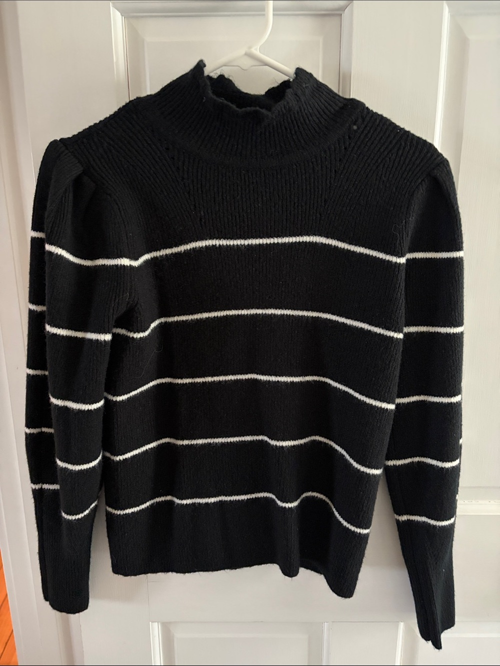 CeCe Black Sweater with White Stripes and Mock Neck